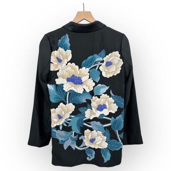 Zara Floral Printed Black Tie-Waist Kimono Blazer Jacket Wrap Belt - Picture 6 of 8